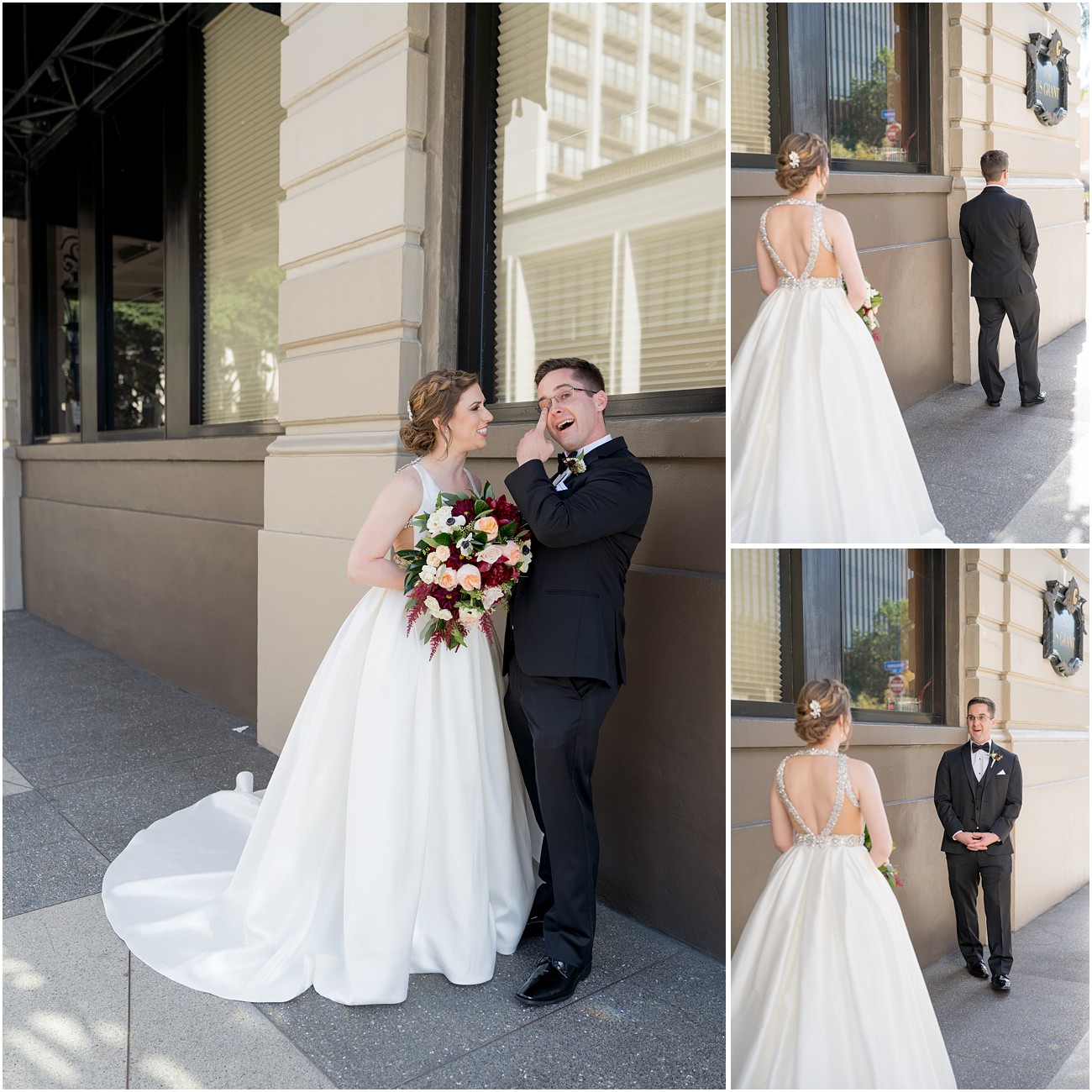 First look between a bride and groom at a wedding venue in San Diego California